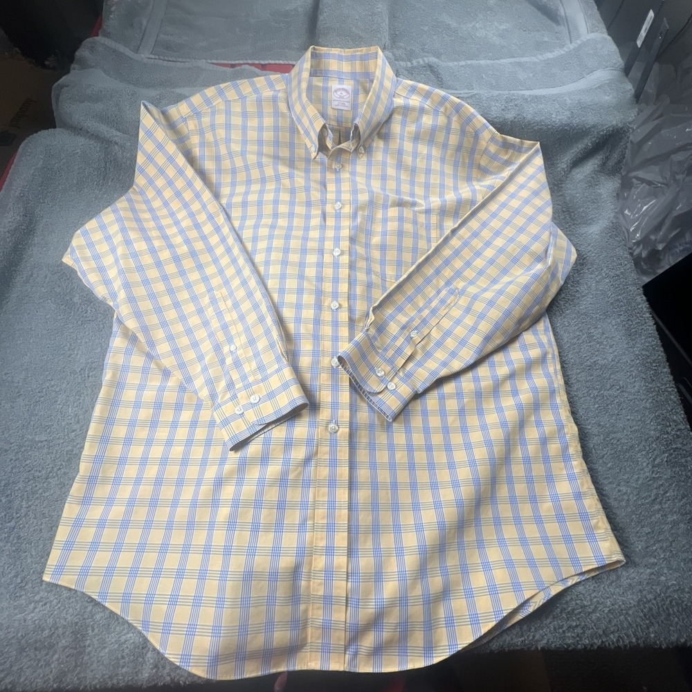 Brooks Brothers Men Size XL Yellow/blue Plaid Oxford Long Sleeve Button Up Shirt